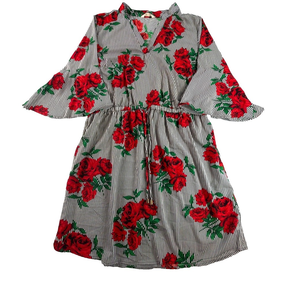 Hint of Blush Women 2X Rose Floral Stripe Dress Bell Sleeve Drawstring Waist